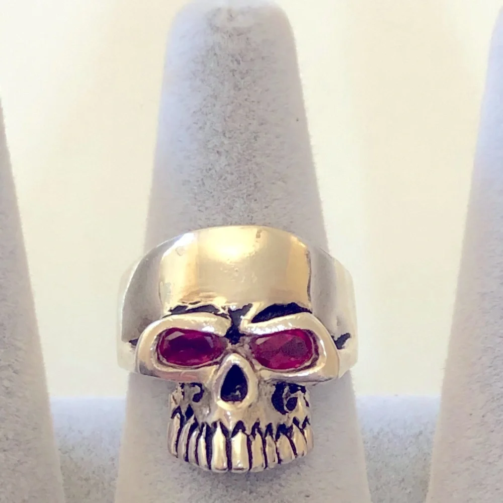 925 sterling silver skull biker ring red cubic zirconia cz stones eyes